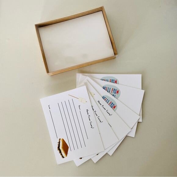 NEW ANTHROPOLOGIE White Red Blue Illustrated Camp Retro Card Notecards s/6 - Picture 1 of 3